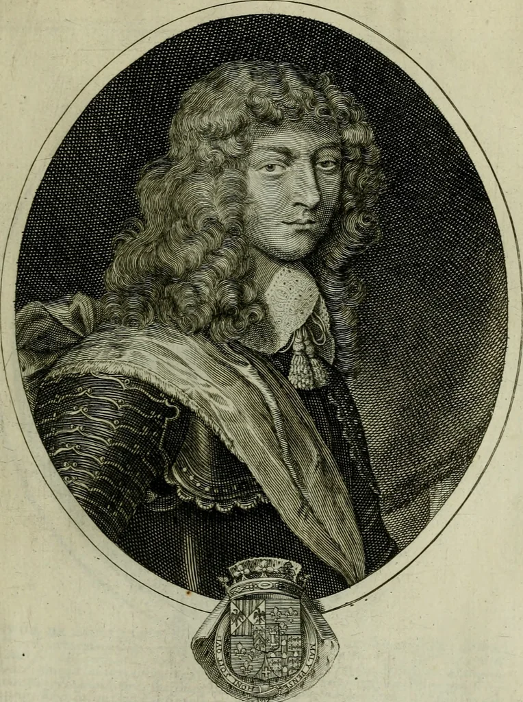 An illustration from Tableaux historiques, ou sont grauez les illustres francois et estrangers de l'un et de l'autre sexe : remarquables par leur naissance et leur fortune, doctrine, pieté, charges et emplois, auec les éloges sommaires contenans leurs noms et leurs qualitez, leurs peres et leurs meres, leurs aages, leurs mariages, les plus belles actions de leur vie et leurs armes blasonnées, 1662, leaf 96
