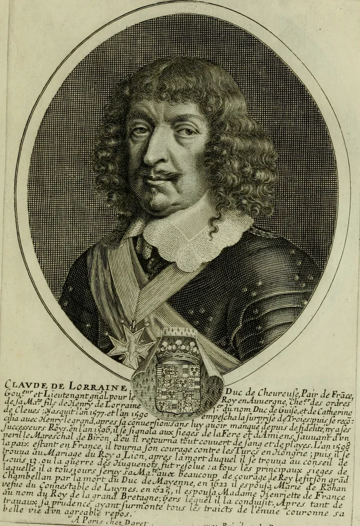 An illustration from Tableaux historiques, ou sont grauez les illustres francois et estrangers de l'un et de l'autre sexe : remarquables par leur naissance et leur fortune, doctrine, pieté, charges et emplois, auec les éloges sommaires contenans leurs noms et leurs qualitez, leurs peres et leurs meres, leurs aages, leurs mariages, les plus belles actions de leur vie et leurs armes blasonnées, 1662, leaf 98