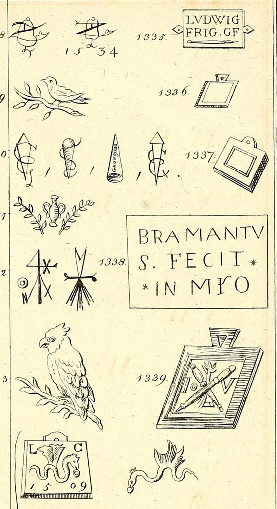 An illustration from Table générale des monogrammes, chiffres, lettres initiales et marques figurées sous lesquels les plus célèbres peintres, dessinateurs, graveurs et sculpteurs ont designé leurs noms, 1820, leaf 605