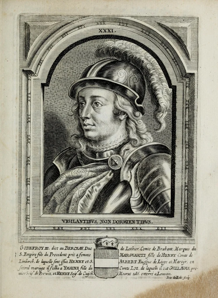An illustration from Tabula chronologica, sive, Ducum Lotharingiae, Brabantiae, Limburgi &c. et gubernatorum ac archistrategorum eorundem ducatuum & ditionum continua series .., 1669, leaf 39