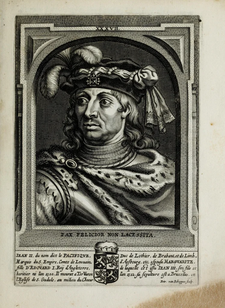 An illustration from Tabula chronologica, sive, Ducum Lotharingiae, Brabantiae, Limburgi &c. et gubernatorum ac archistrategorum eorundem ducatuum & ditionum continua series .., 1669, leaf 55