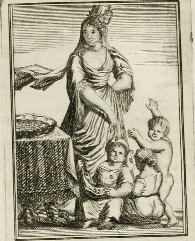 An illustration from Tafereel van overdeftige zinnebeelden : gemaelt naer de deuchden, ondeuchden, gemoetsdriften der menschen, straffen Godts, en zegeningen : eerst beschreven door Cesare Ripa, Pierius Valerianus, Orus Apollo, en anderen ..., 1722, leaf 107