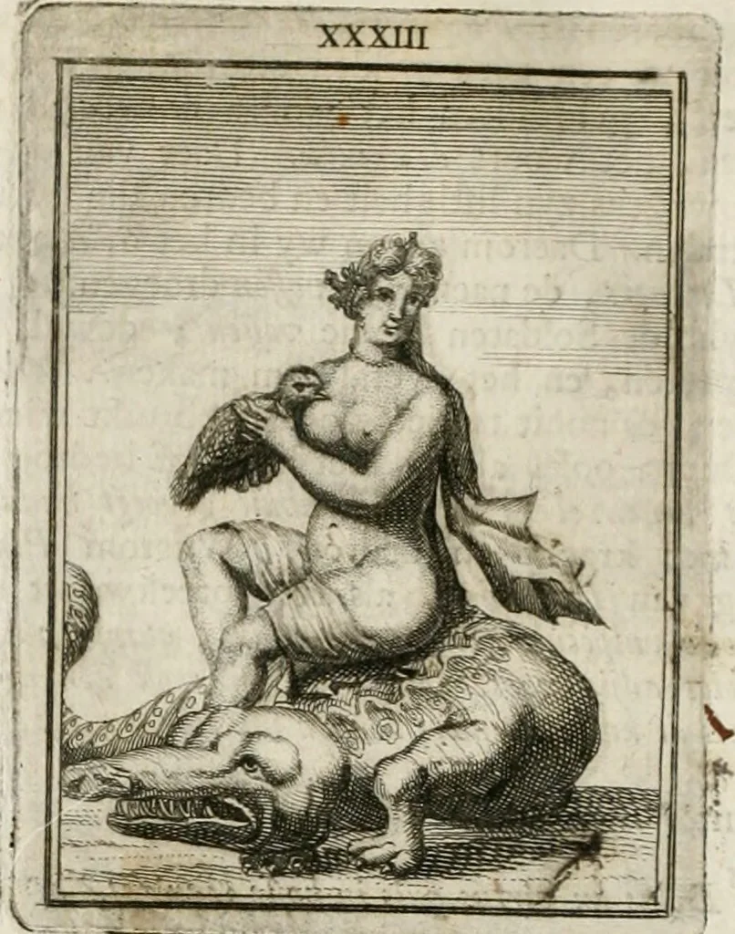 An illustration from Tafereel van overdeftige zinnebeelden : gemaelt naer de deuchden, ondeuchden, gemoetsdriften der menschen, straffen Godts, en zegeningen : eerst beschreven door Cesare Ripa, Pierius Valerianus, Orus Apollo, en anderen ..., 1722, leaf 195