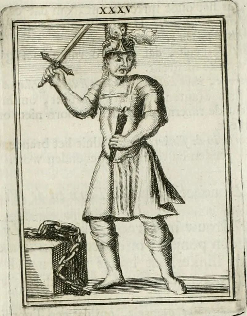 An illustration from Tafereel van overdeftige zinnebeelden : gemaelt naer de deuchden, ondeuchden, gemoetsdriften der menschen, straffen Godts, en zegeningen : eerst beschreven door Cesare Ripa, Pierius Valerianus, Orus Apollo, en anderen ..., 1722, leaf 208