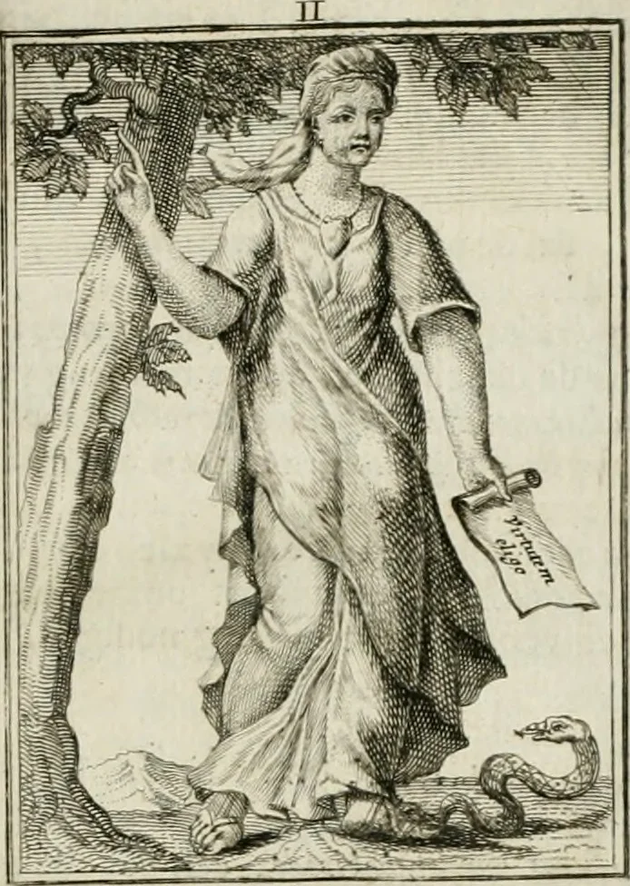 An illustration from Tafereel van overdeftige zinnebeelden : gemaelt naer de deuchden, ondeuchden, gemoetsdriften der menschen, straffen Godts, en zegeningen : eerst beschreven door Cesare Ripa, Pierius Valerianus, Orus Apollo, en anderen ..., 1722, leaf 26