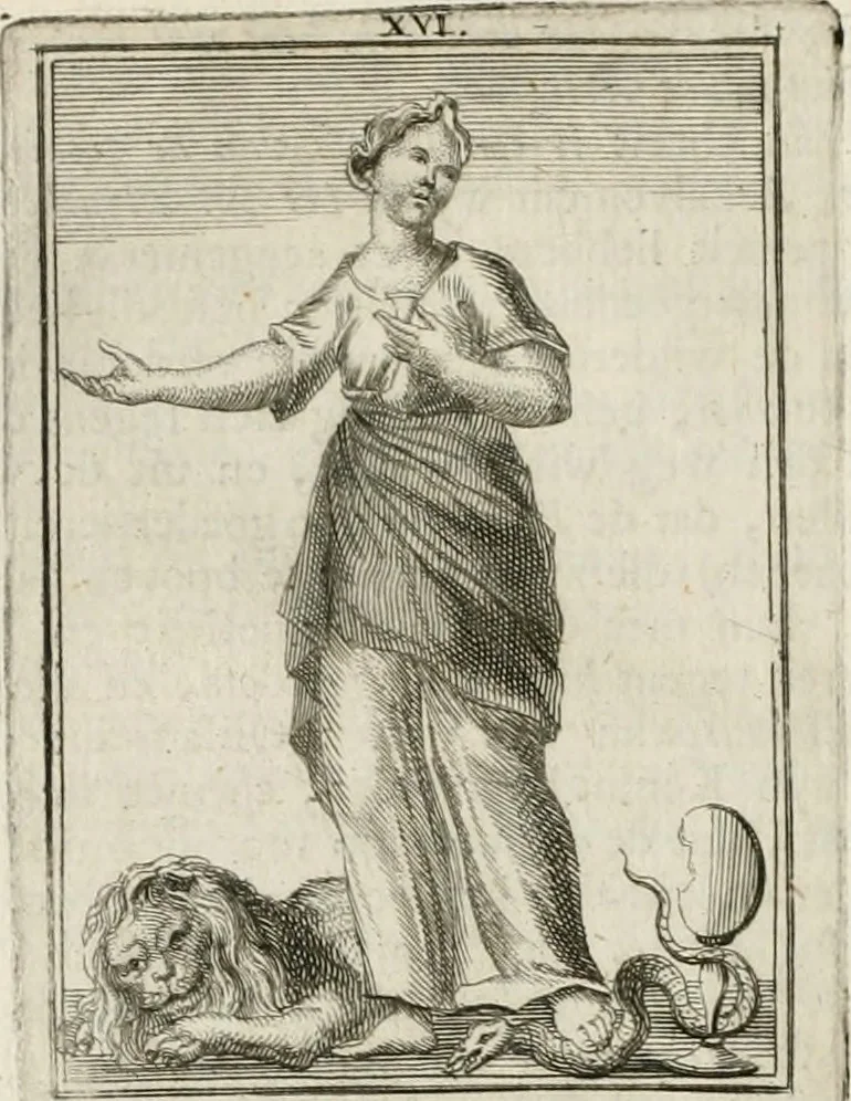 An illustration from Tafereel van overdeftige zinnebeelden : gemaelt naer de deuchden, ondeuchden, gemoetsdriften der menschen, straffen Godts, en zegeningen : eerst beschreven door Cesare Ripa, Pierius Valerianus, Orus Apollo, en anderen ..., 1722, leaf 87