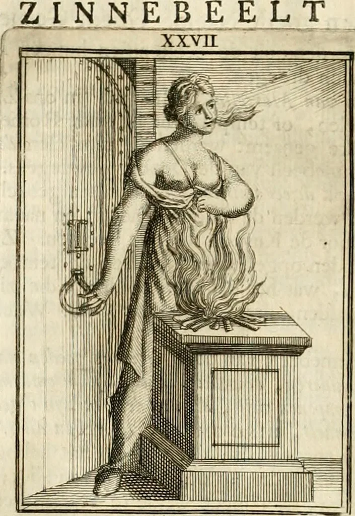 An illustration from Tafereel van overdeftige zinnebeelden : gemaelt naer de deuchden, ondeuchden, gemoetsdriften der menschen, straffen Godts, en zegeningen : eerst beschreven door Cesare Ripa, Pierius Valerianus, Orus Apollo, en anderen ..., 1722, leaf 157