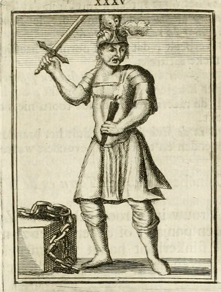 An illustration from Tafereel van overdeftige zinnebeelden : gemaelt naer de deuchden, ondeuchden, gemoetsdriften der menschen, straffen Godts, en zegeningen : eerst beschreven door Cesare Ripa, Pierius Valerianus, Orus Apollo, en anderen ..., 1722, leaf 210