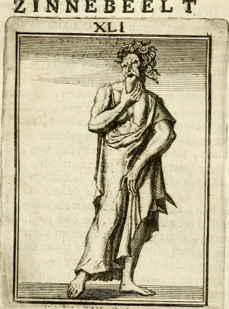 An illustration from Tafereel van overdeftige zinnebeelden : gemaelt naer de deuchden, ondeuchden, gemoetsdriften der menschen, straffen Godts, en zegeningen : eerst beschreven door Cesare Ripa, Pierius Valerianus, Orus Apollo, en anderen ..., 1722, leaf 243