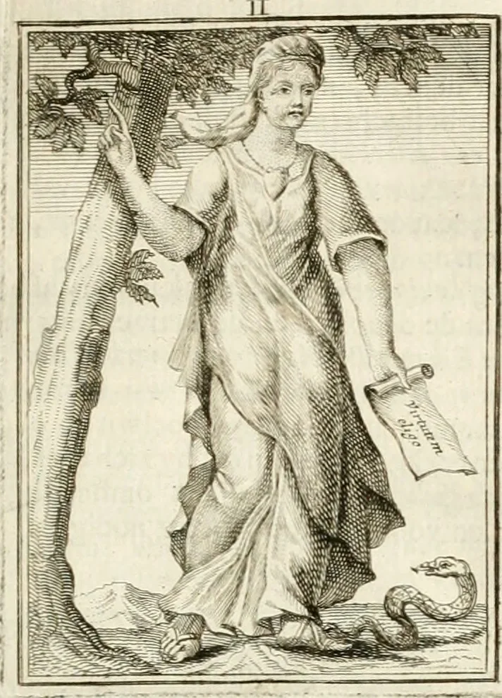 An illustration from Tafereel van overdeftige zinnebeelden : gemaelt naer de deuchden, ondeuchden, gemoetsdriften der menschen, straffen Godts, en zegeningen : eerst beschreven door Cesare Ripa, Pierius Valerianus, Orus Apollo, en anderen ..., 1722, leaf 28