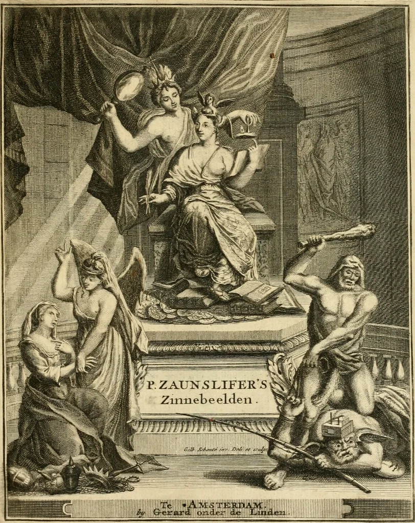 An illustration from Tafereel van overdeftige zinnebeelden : gemaelt naer de deuchden, ondeuchden, gemoetsdriften der menschen, straffen Godts, en zegeningen : eerst beschreven door Cesare Ripa, Pierius Valerianus, Orus Apollo, en anderen ..., 1722, leaf 4