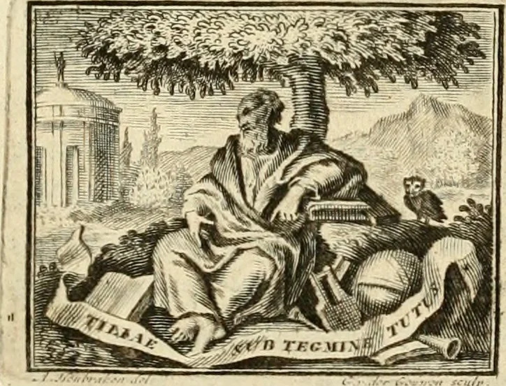 An illustration from Tafereel van overdeftige zinnebeelden : gemaelt naer de deuchden, ondeuchden, gemoetsdriften der menschen, straffen Godts, en zegeningen : eerst beschreven door Cesare Ripa, Pierius Valerianus, Orus Apollo, en anderen ..., 1722, leaf 6