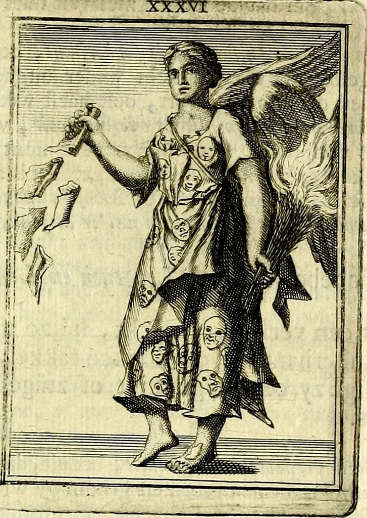 An illustration from Tafereel van overdeftige zinnebeelden, gemaelt naer de deuchden, ondeuchden, gemoetsdriften der menschen, straffen Godts, en zegeningen, 1722, leaf 218