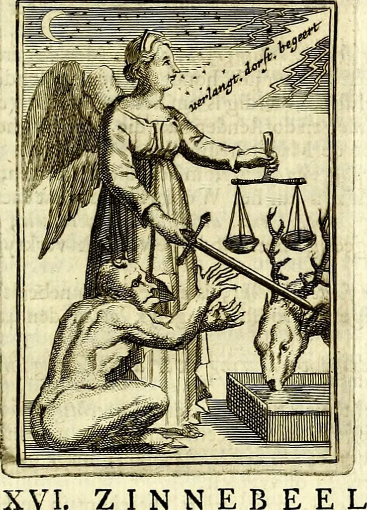 An illustration from Tafereel van overdeftige zinnebeelden, gemaelt naer de deuchden, ondeuchden, gemoetsdriften der menschen, straffen Godts, en zegeningen, 1722, leaf 434