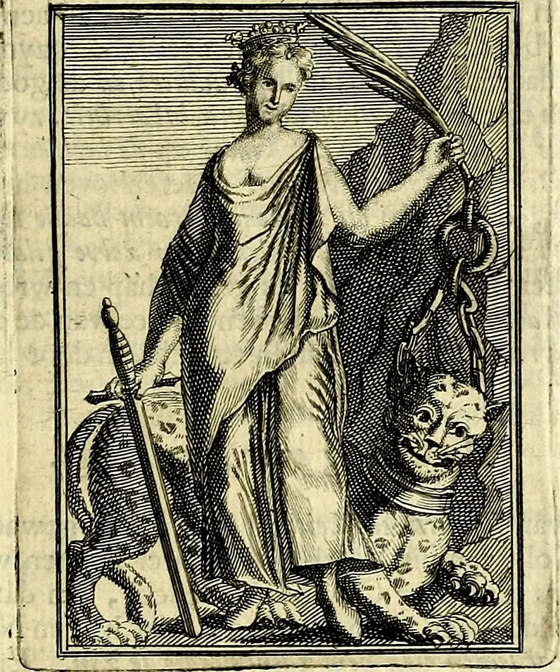 An illustration from Tafereel van overdeftige zinnebeelden, gemaelt naer de deuchden, ondeuchden, gemoetsdriften der menschen, straffen Godts, en zegeningen, 1722, leaf 98
