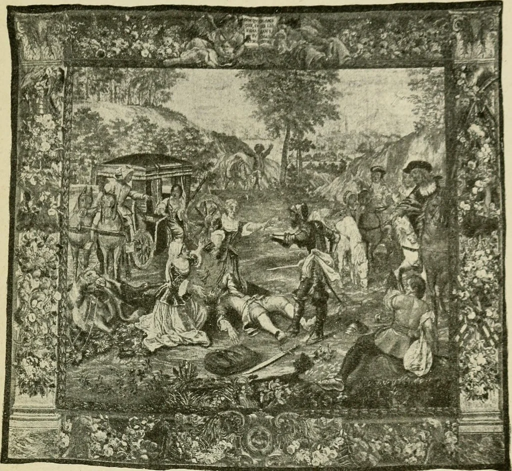 An illustration from Tapestries and carpets from the palace of the Pardo [sic], woven at the royal manufactory of Madrid, loaned by His Majesty the King of Spain for exhibition by the Hispanic Society of America, 1917, leaf 32