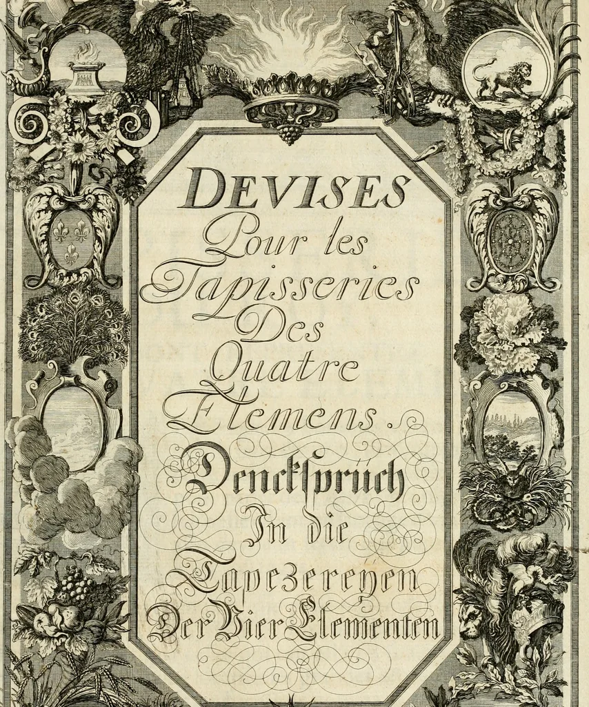 An illustration from Tapisseries du roy, ou sont representez les quatre elemens et les quatre saisons : avec les devises qvi les accompagnent et leur explication = Königliche französische Tapezereyen, oder überaus schöne Sinn-Bilder, in welchen die vier Element, samt den vier Jahr-Zeiten, neben den Dencksprüchen und ihren Ausslegungen, vorgestellet werden, 1690, leaf 10