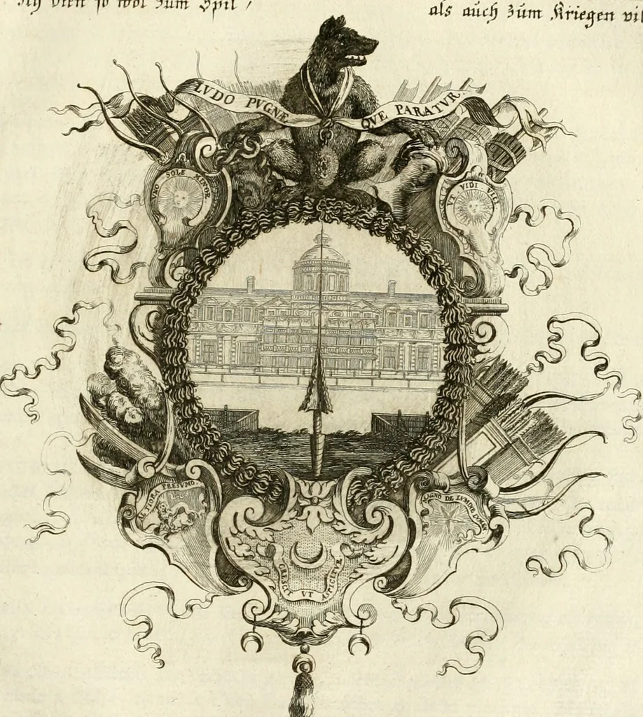 An illustration from Tapisseries du roy, ou sont representez les quatre elemens et les quatre saisons : avec les devises qvi les accompagnent et leur explication = Königliche französische Tapezereyen, oder überaus schöne Sinn-Bilder, in welchen die vier Element, samt den vier Jahr-Zeiten, neben den Dencksprüchen und ihren Ausslegungen, vorgestellet werden, 1690, leaf 102