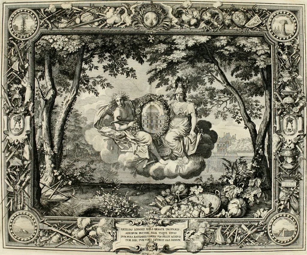 An illustration from Tapisseries du roy, ou sont representez les quatre elemens et les quatre saisons : avec les devises qvi les accompagnent et leur explication = Königliche französische Tapezereyen, oder überaus schöne Sinn-Bilder, in welchen die vier Element, samt den vier Jahr-Zeiten, neben den Dencksprüchen und ihren Ausslegungen, vorgestellet werden, 1690, leaf 113