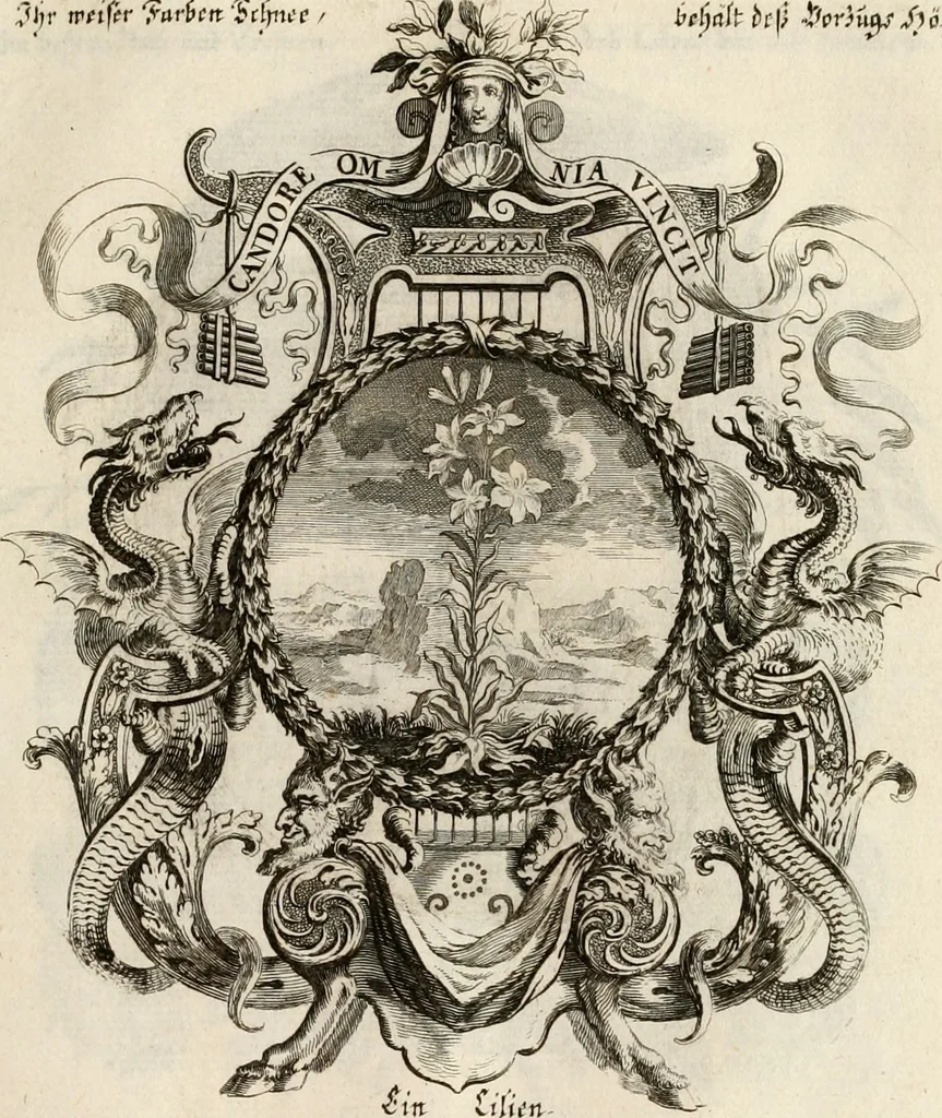 An illustration from Tapisseries du roy, ou sont representez les quatre elemens et les quatre saisons : avec les devises qvi les accompagnent et leur explication = Königliche französische Tapezereyen, oder überaus schöne Sinn-Bilder, in welchen die vier Element, samt den vier Jahr-Zeiten, neben den Dencksprüchen und ihren Ausslegungen, vorgestellet werden, 1690, leaf 114
