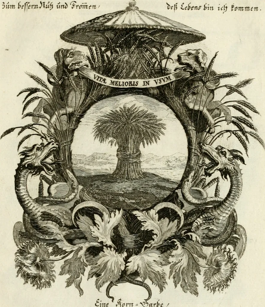 An illustration from Tapisseries du roy, ou sont representez les quatre elemens et les quatre saisons : avec les devises qvi les accompagnent et leur explication = Königliche französische Tapezereyen, oder überaus schöne Sinn-Bilder, in welchen die vier Element, samt den vier Jahr-Zeiten, neben den Dencksprüchen und ihren Ausslegungen, vorgestellet werden, 1690, leaf 116