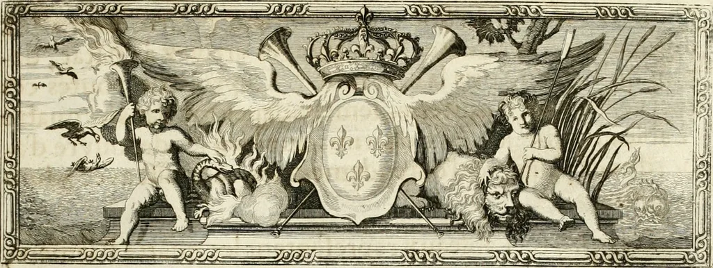 An illustration from Tapisseries du roy, ou sont representez les quatre elemens et les quatre saisons : avec les devises qvi les accompagnent et leur explication = Königliche französische Tapezereyen, oder überaus schöne Sinn-Bilder, in welchen die vier Element, samt den vier Jahr-Zeiten, neben den Dencksprüchen und ihren Ausslegungen, vorgestellet werden, 1690, leaf 12