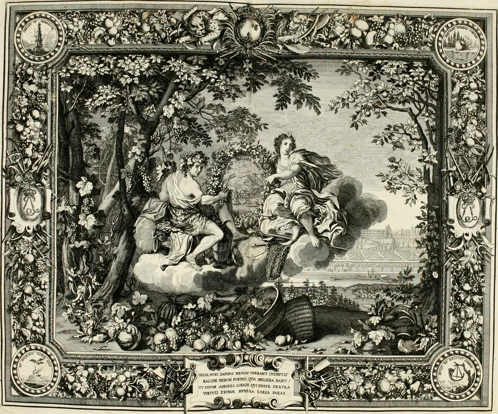 An illustration from Tapisseries du roy, ou sont representez les quatre elemens et les quatre saisons : avec les devises qvi les accompagnent et leur explication = Königliche französische Tapezereyen, oder überaus schöne Sinn-Bilder, in welchen die vier Element, samt den vier Jahr-Zeiten, neben den Dencksprüchen und ihren Ausslegungen, vorgestellet werden, 1690, leaf 129