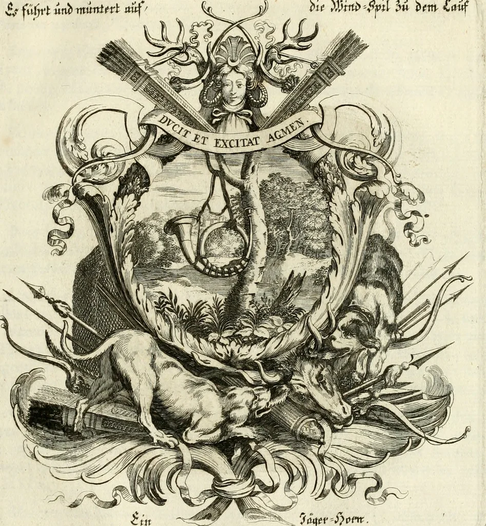 An illustration from Tapisseries du roy, ou sont representez les quatre elemens et les quatre saisons : avec les devises qvi les accompagnent et leur explication = Königliche französische Tapezereyen, oder überaus schöne Sinn-Bilder, in welchen die vier Element, samt den vier Jahr-Zeiten, neben den Dencksprüchen und ihren Ausslegungen, vorgestellet werden, 1690, leaf 136