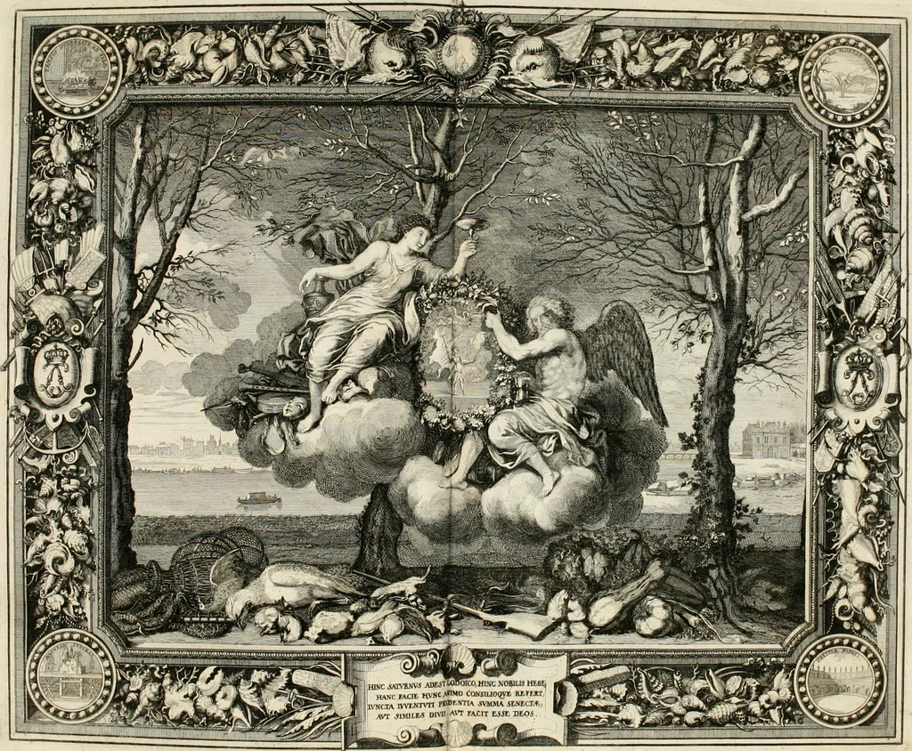 An illustration from Tapisseries du roy, ou sont representez les quatre elemens et les quatre saisons : avec les devises qvi les accompagnent et leur explication = Königliche französische Tapezereyen, oder überaus schöne Sinn-Bilder, in welchen die vier Element, samt den vier Jahr-Zeiten, neben den Dencksprüchen und ihren Ausslegungen, vorgestellet werden, 1690, leaf 145