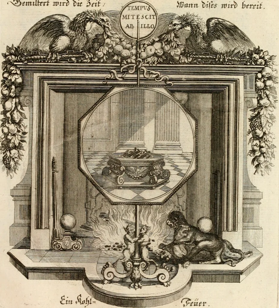 An illustration from Tapisseries du roy, ou sont representez les quatre elemens et les quatre saisons : avec les devises qvi les accompagnent et leur explication = Königliche französische Tapezereyen, oder überaus schöne Sinn-Bilder, in welchen die vier Element, samt den vier Jahr-Zeiten, neben den Dencksprüchen und ihren Ausslegungen, vorgestellet werden, 1690, leaf 146