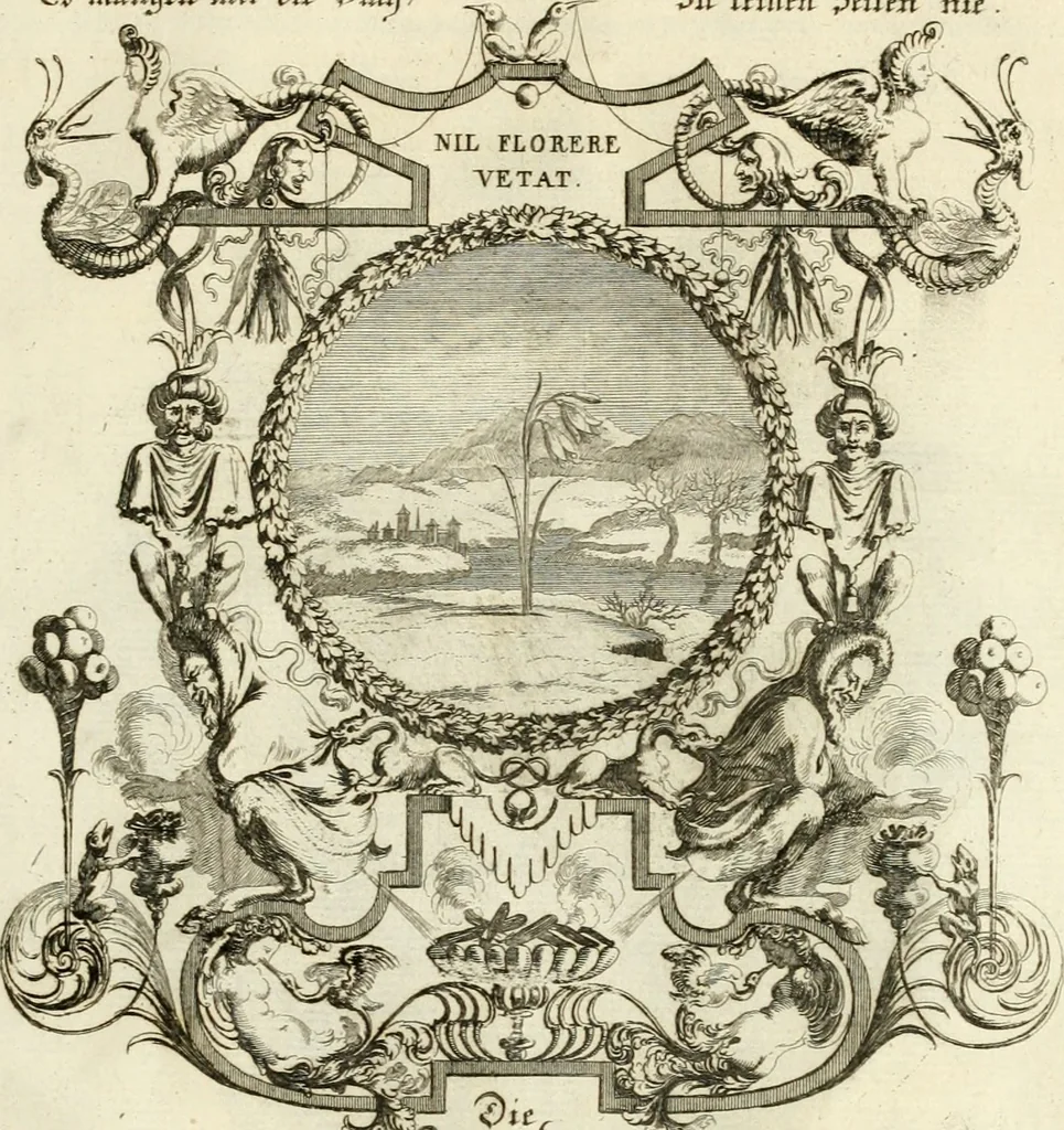 An illustration from Tapisseries du roy, ou sont representez les quatre elemens et les quatre saisons : avec les devises qvi les accompagnent et leur explication = Königliche französische Tapezereyen, oder überaus schöne Sinn-Bilder, in welchen die vier Element, samt den vier Jahr-Zeiten, neben den Dencksprüchen und ihren Ausslegungen, vorgestellet werden, 1690, leaf 148