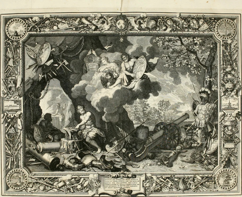 An illustration from Tapisseries du roy, ou sont representez les quatre elemens et les quatre saisons : avec les devises qvi les accompagnent et leur explication = Königliche französische Tapezereyen, oder überaus schöne Sinn-Bilder, in welchen die vier Element, samt den vier Jahr-Zeiten, neben den Dencksprüchen und ihren Ausslegungen, vorgestellet werden, 1690, leaf 25