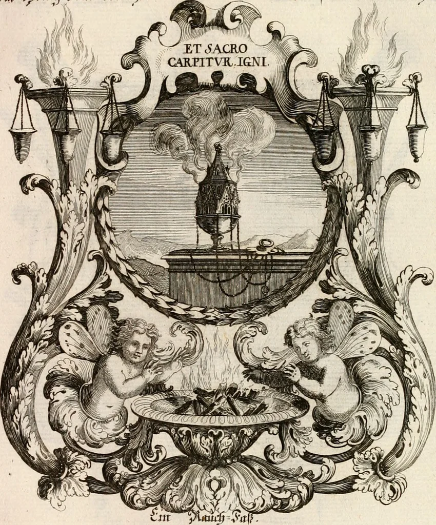 An illustration from Tapisseries du roy, ou sont representez les quatre elemens et les quatre saisons : avec les devises qvi les accompagnent et leur explication = Königliche französische Tapezereyen, oder überaus schöne Sinn-Bilder, in welchen die vier Element, samt den vier Jahr-Zeiten, neben den Dencksprüchen und ihren Ausslegungen, vorgestellet werden, 1690, leaf 26