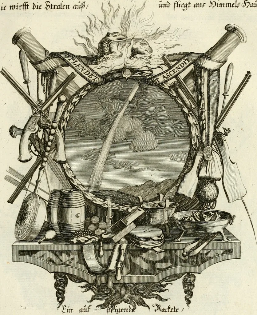 An illustration from Tapisseries du roy, ou sont representez les quatre elemens et les quatre saisons : avec les devises qvi les accompagnent et leur explication = Königliche französische Tapezereyen, oder überaus schöne Sinn-Bilder, in welchen die vier Element, samt den vier Jahr-Zeiten, neben den Dencksprüchen und ihren Ausslegungen, vorgestellet werden, 1690, leaf 28