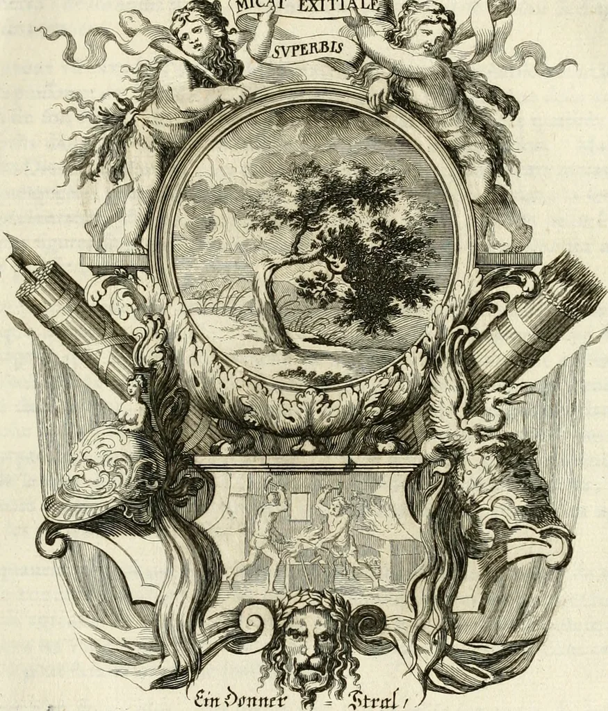 An illustration from Tapisseries du roy, ou sont representez les quatre elemens et les quatre saisons : avec les devises qvi les accompagnent et leur explication = Königliche französische Tapezereyen, oder überaus schöne Sinn-Bilder, in welchen die vier Element, samt den vier Jahr-Zeiten, neben den Dencksprüchen und ihren Ausslegungen, vorgestellet werden, 1690, leaf 32