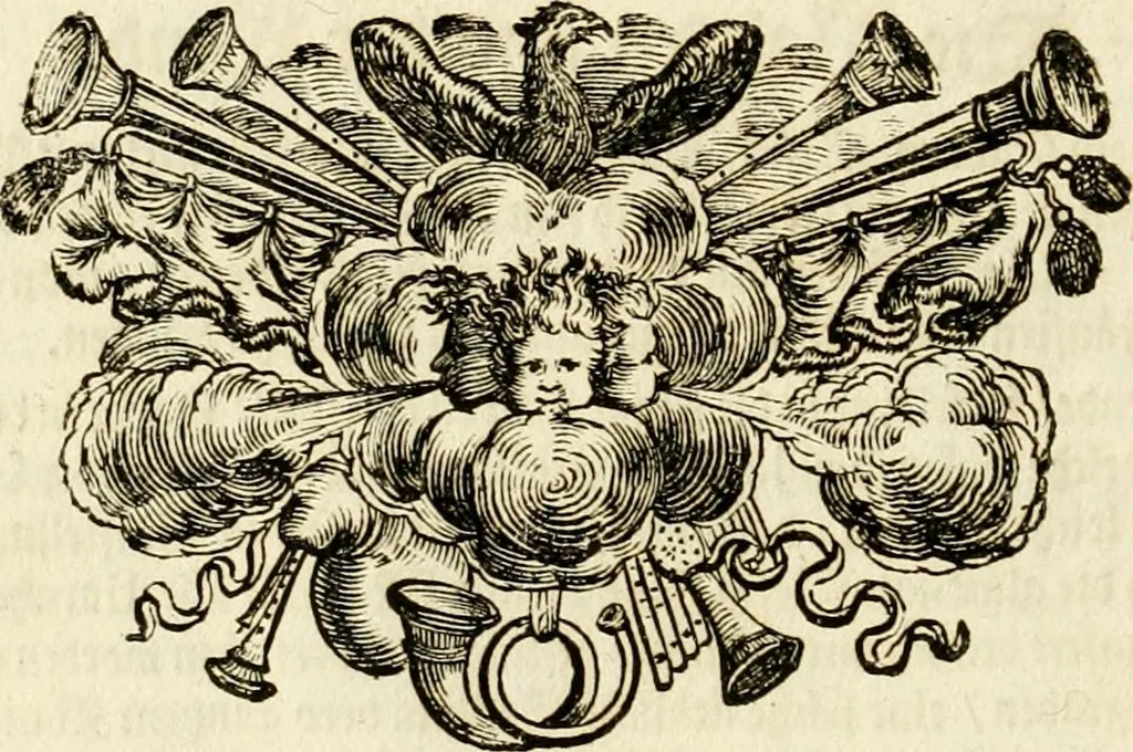 An illustration from Tapisseries du roy, ou sont representez les quatre elemens et les quatre saisons : avec les devises qvi les accompagnent et leur explication = Königliche französische Tapezereyen, oder überaus schöne Sinn-Bilder, in welchen die vier Element, samt den vier Jahr-Zeiten, neben den Dencksprüchen und ihren Ausslegungen, vorgestellet werden, 1690, leaf 37