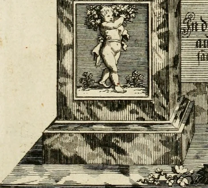 An illustration from Tapisseries du roy, ou sont representez les quatre elemens et les quatre saisons : avec les devises qvi les accompagnent et leur explication = Königliche französische Tapezereyen, oder überaus schöne Sinn-Bilder, in welchen die vier Element, samt den vier Jahr-Zeiten, neben den Dencksprüchen und ihren Ausslegungen, vorgestellet werden, 1690, leaf 4