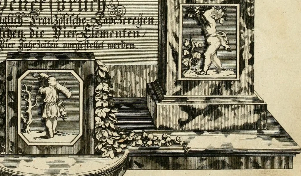 An illustration from Tapisseries du roy, ou sont representez les quatre elemens et les quatre saisons : avec les devises qvi les accompagnent et leur explication = Königliche französische Tapezereyen, oder überaus schöne Sinn-Bilder, in welchen die vier Element, samt den vier Jahr-Zeiten, neben den Dencksprüchen und ihren Ausslegungen, vorgestellet werden, 1690, leaf 4