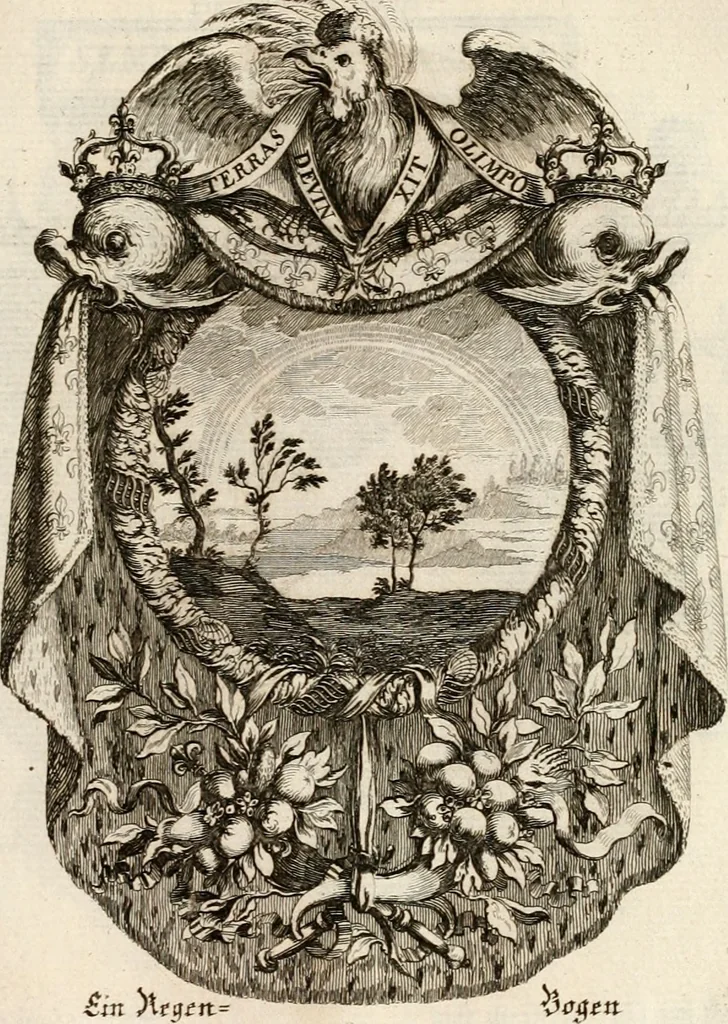 An illustration from Tapisseries du roy, ou sont representez les quatre elemens et les quatre saisons : avec les devises qvi les accompagnent et leur explication = Königliche französische Tapezereyen, oder überaus schöne Sinn-Bilder, in welchen die vier Element, samt den vier Jahr-Zeiten, neben den Dencksprüchen und ihren Ausslegungen, vorgestellet werden, 1690, leaf 42