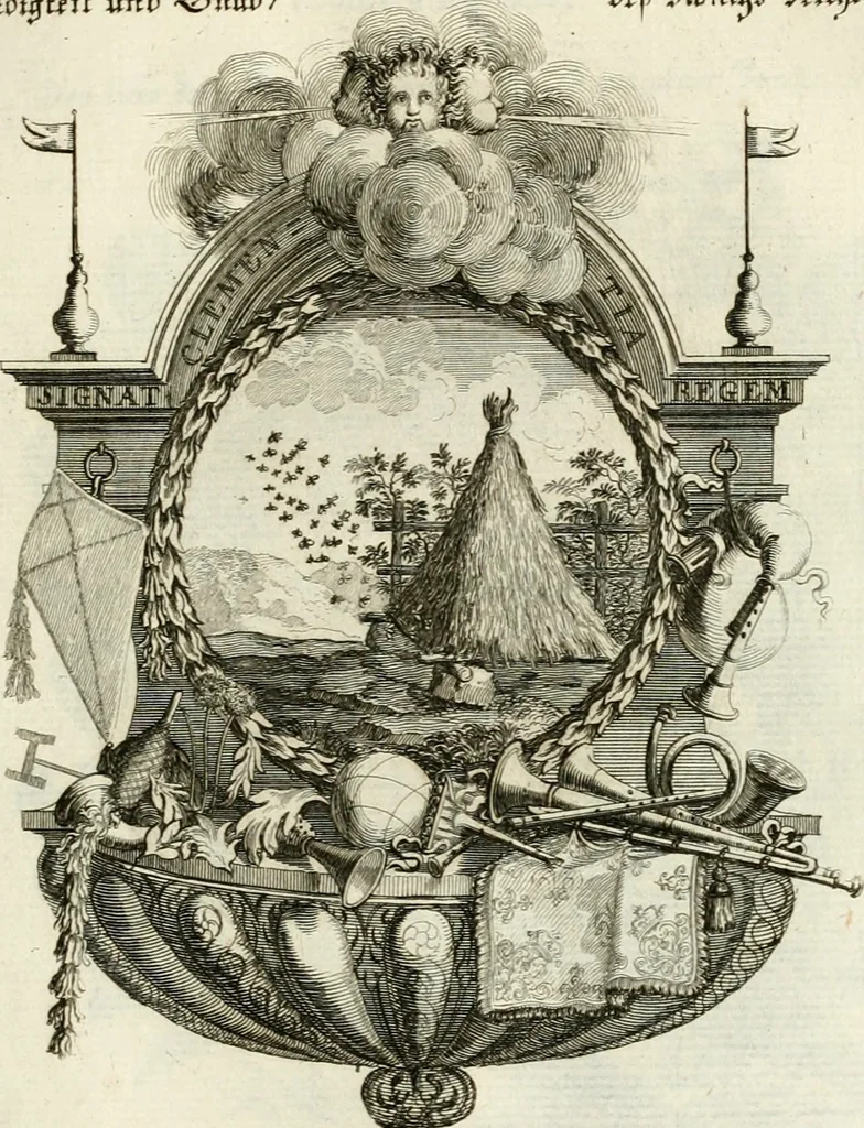 An illustration from Tapisseries du roy, ou sont representez les quatre elemens et les quatre saisons : avec les devises qvi les accompagnent et leur explication = Königliche französische Tapezereyen, oder überaus schöne Sinn-Bilder, in welchen die vier Element, samt den vier Jahr-Zeiten, neben den Dencksprüchen und ihren Ausslegungen, vorgestellet werden, 1690, leaf 46