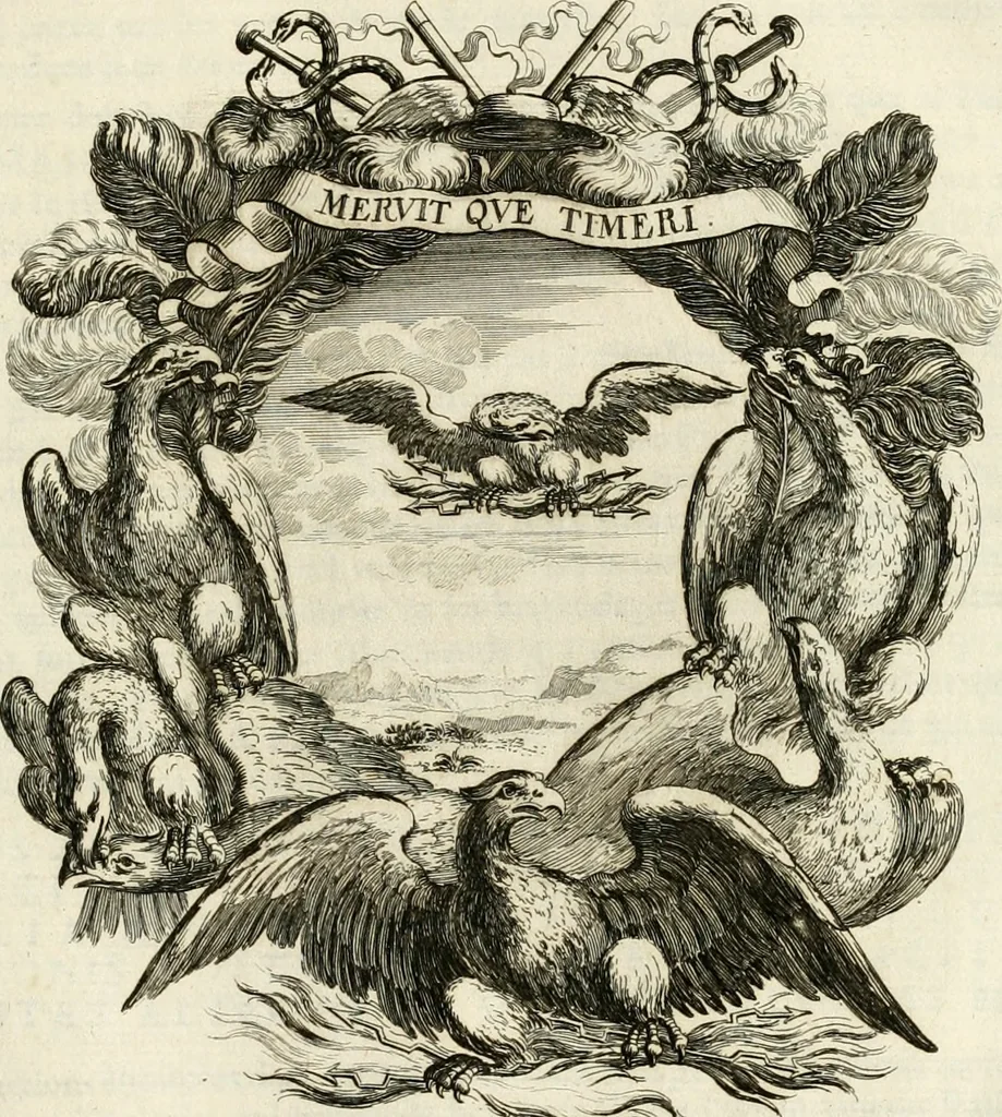 An illustration from Tapisseries du roy, ou sont representez les quatre elemens et les quatre saisons : avec les devises qvi les accompagnent et leur explication = Königliche französische Tapezereyen, oder überaus schöne Sinn-Bilder, in welchen die vier Element, samt den vier Jahr-Zeiten, neben den Dencksprüchen und ihren Ausslegungen, vorgestellet werden, 1690, leaf 48