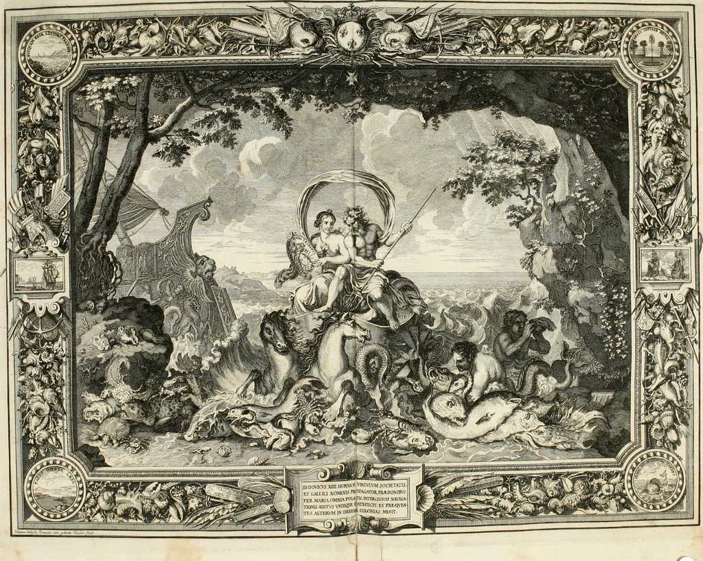 An illustration from Tapisseries du roy, ou sont representez les quatre elemens et les quatre saisons : avec les devises qvi les accompagnent et leur explication = Königliche französische Tapezereyen, oder überaus schöne Sinn-Bilder, in welchen die vier Element, samt den vier Jahr-Zeiten, neben den Dencksprüchen und ihren Ausslegungen, vorgestellet werden, 1690, leaf 55