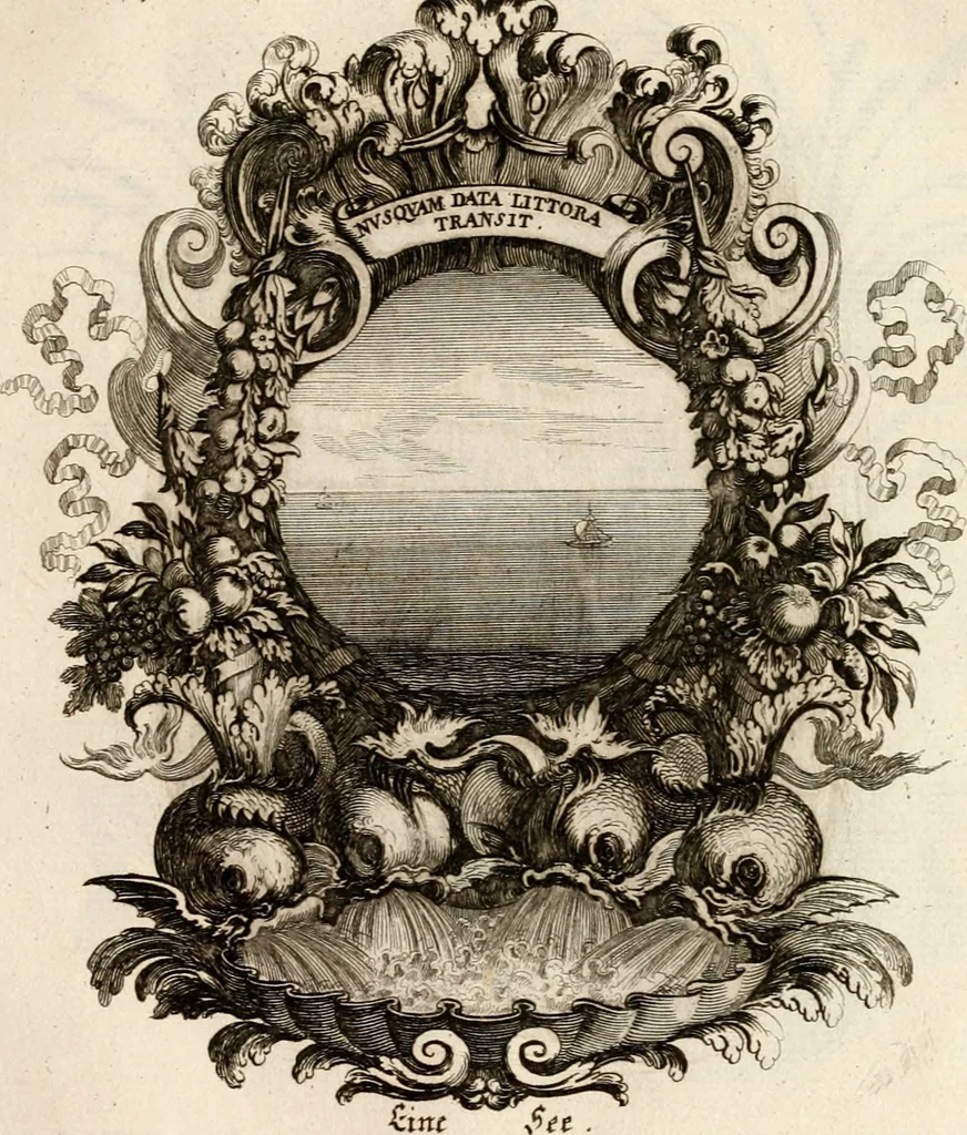 An illustration from Tapisseries du roy, ou sont representez les quatre elemens et les quatre saisons : avec les devises qvi les accompagnent et leur explication = Königliche französische Tapezereyen, oder überaus schöne Sinn-Bilder, in welchen die vier Element, samt den vier Jahr-Zeiten, neben den Dencksprüchen und ihren Ausslegungen, vorgestellet werden, 1690, leaf 56