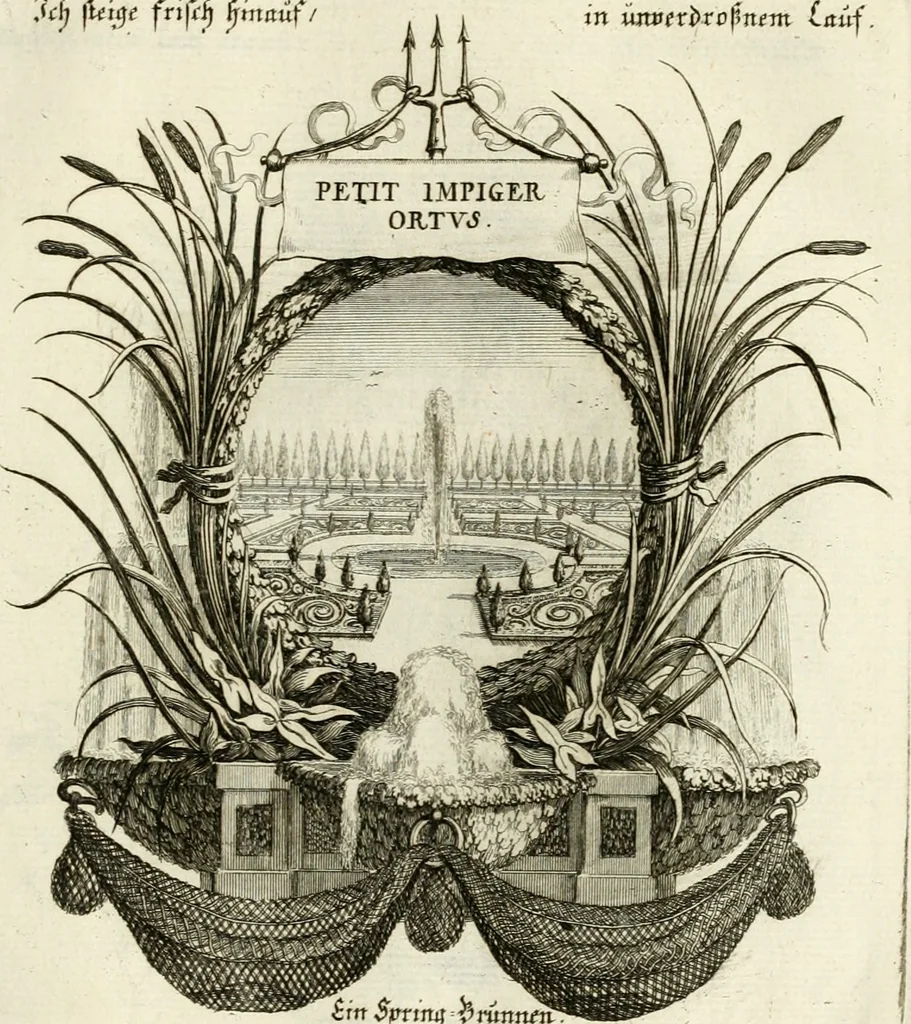 An illustration from Tapisseries du roy, ou sont representez les quatre elemens et les quatre saisons : avec les devises qvi les accompagnent et leur explication = Königliche französische Tapezereyen, oder überaus schöne Sinn-Bilder, in welchen die vier Element, samt den vier Jahr-Zeiten, neben den Dencksprüchen und ihren Ausslegungen, vorgestellet werden, 1690, leaf 58
