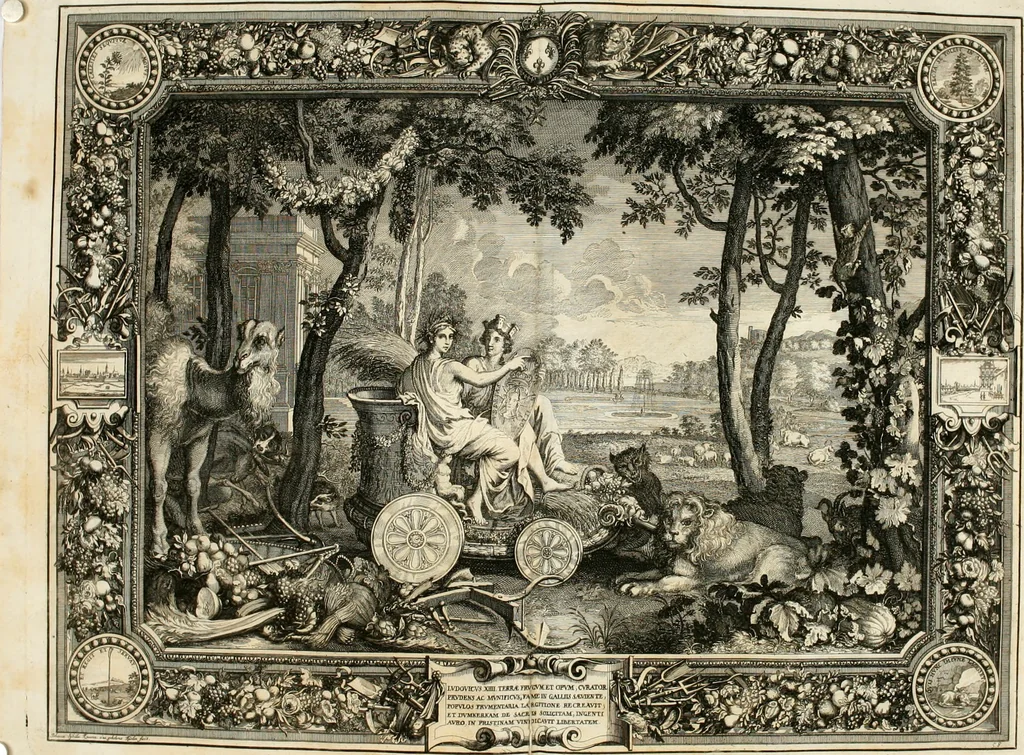 An illustration from Tapisseries du roy, ou sont representez les quatre elemens et les quatre saisons : avec les devises qvi les accompagnent et leur explication = Königliche französische Tapezereyen, oder überaus schöne Sinn-Bilder, in welchen die vier Element, samt den vier Jahr-Zeiten, neben den Dencksprüchen und ihren Ausslegungen, vorgestellet werden, 1690, leaf 71