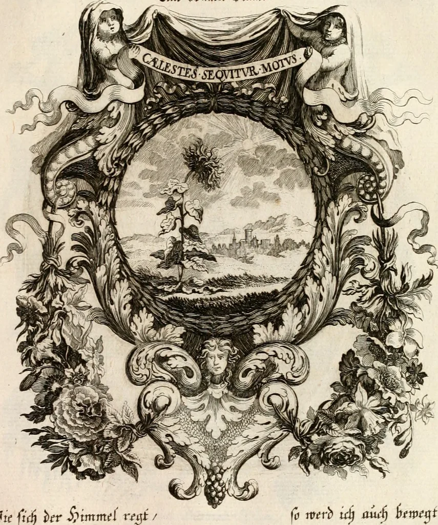 An illustration from Tapisseries du roy, ou sont representez les quatre elemens et les quatre saisons : avec les devises qvi les accompagnent et leur explication = Königliche französische Tapezereyen, oder überaus schöne Sinn-Bilder, in welchen die vier Element, samt den vier Jahr-Zeiten, neben den Dencksprüchen und ihren Ausslegungen, vorgestellet werden, 1690, leaf 72