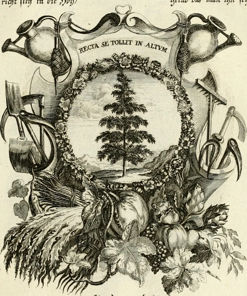 An illustration from Tapisseries du roy, ou sont representez les quatre elemens et les quatre saisons : avec les devises qvi les accompagnent et leur explication = Königliche französische Tapezereyen, oder überaus schöne Sinn-Bilder, in welchen die vier Element, samt den vier Jahr-Zeiten, neben den Dencksprüchen und ihren Ausslegungen, vorgestellet werden, 1690, leaf 74