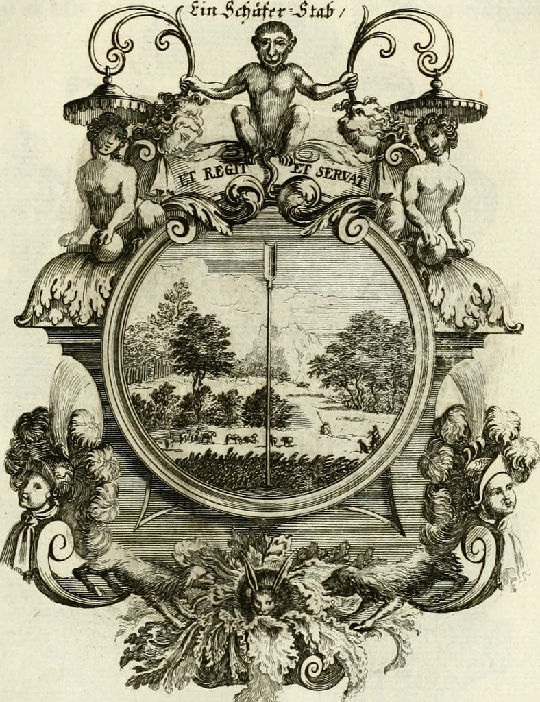 An illustration from Tapisseries du roy, ou sont representez les quatre elemens et les quatre saisons : avec les devises qvi les accompagnent et leur explication = Königliche französische Tapezereyen, oder überaus schöne Sinn-Bilder, in welchen die vier Element, samt den vier Jahr-Zeiten, neben den Dencksprüchen und ihren Ausslegungen, vorgestellet werden, 1690, leaf 76