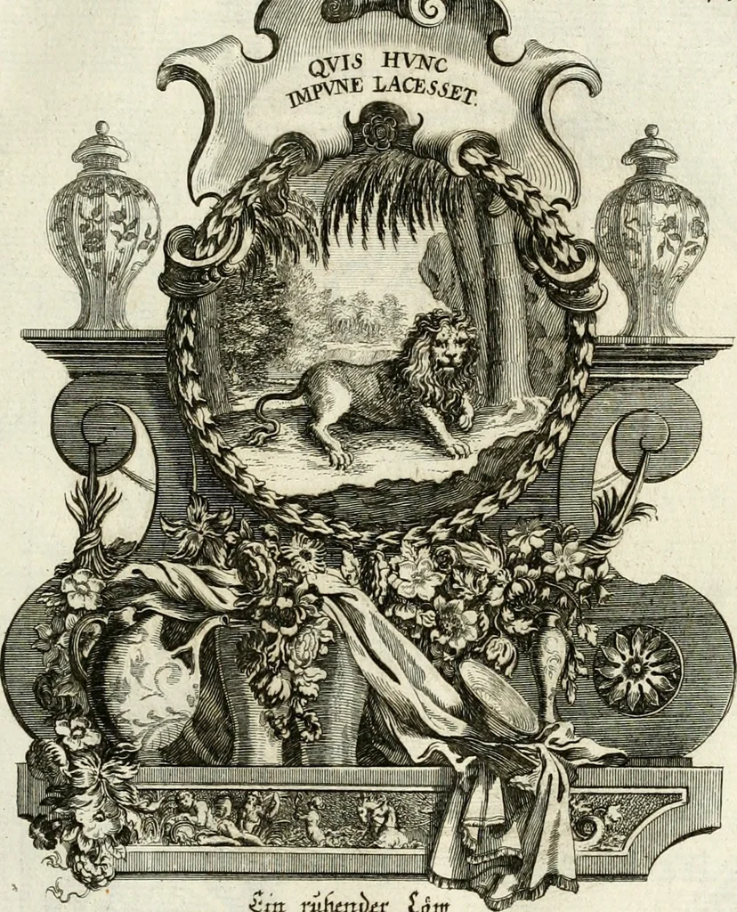 An illustration from Tapisseries du roy, ou sont representez les quatre elemens et les quatre saisons : avec les devises qvi les accompagnent et leur explication = Königliche französische Tapezereyen, oder überaus schöne Sinn-Bilder, in welchen die vier Element, samt den vier Jahr-Zeiten, neben den Dencksprüchen und ihren Ausslegungen, vorgestellet werden, 1690, leaf 78