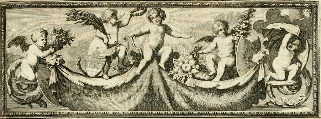 An illustration from Tapisseries du roy, ou sont representez les quatre elemens et les quatre saisons : avec les devises qvi les accompagnent et leur explication = Königliche französische Tapezereyen, oder überaus schöne Sinn-Bilder, in welchen die vier Element, samt den vier Jahr-Zeiten, neben den Dencksprüchen und ihren Ausslegungen, vorgestellet werden, 1690, leaf 82